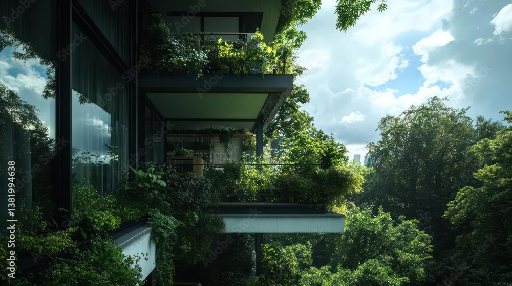 Poster green overgrown foliage on modern building balconies in sunlight with trees and partially cloudy sky