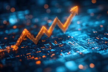 The blue background contrasts with golden rising data line and abstract graphic, showcasing growth and analytical motion for technology background.
