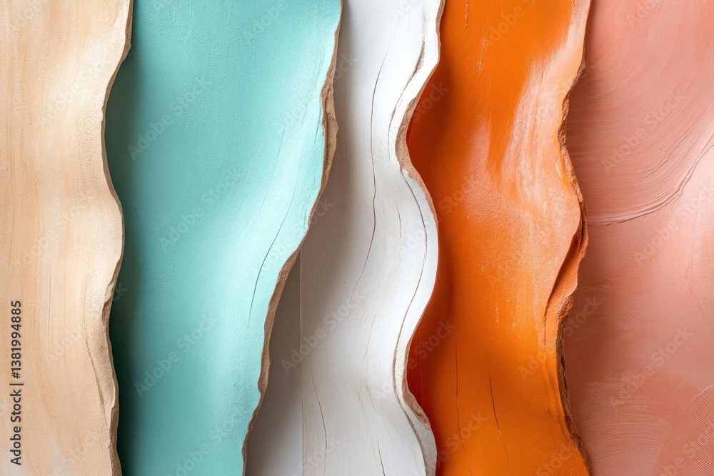 Fototapete Abstract Composition Of Vertical Torn Paper Strips In Various Colors With Textured Surfaces and Soft Lighting