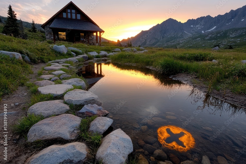 Poster sunset view of wooden cabin beside calm stream with mountain reflection and rocky path leading to it