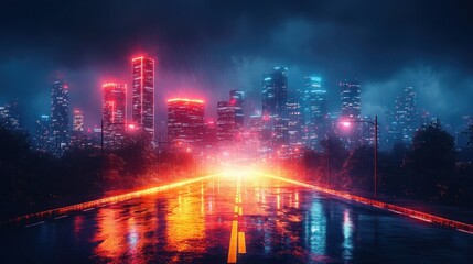 Fototapeta premium Neon Cityscape: Rain-Kissed Streets & Glowing Towers