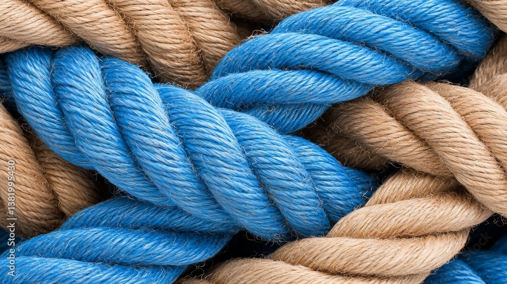 Poster close-up of intertwined blue and beige ropes creating a textured pattern