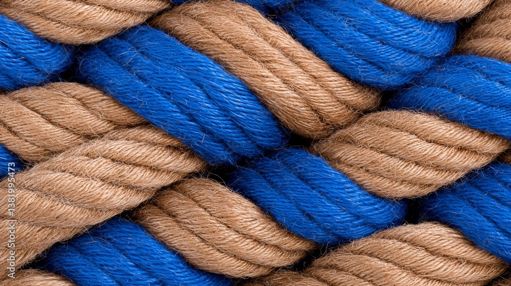 Poster close-up of intertwined blue and brown ropes creating a textured pattern