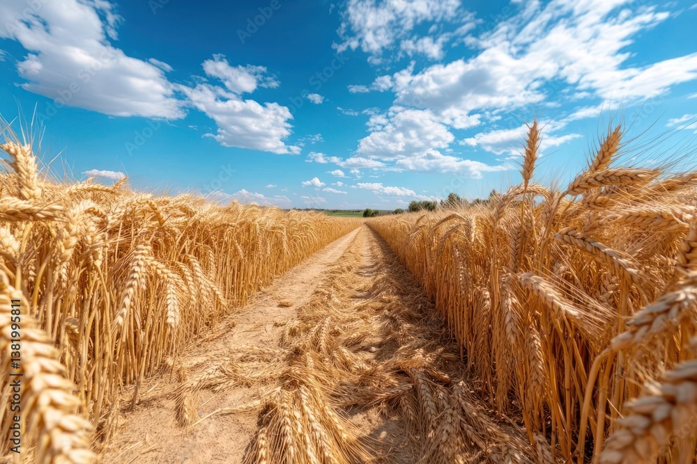 Poster golden wheat field under blue sky with white clouds showing a central path on a sunny day