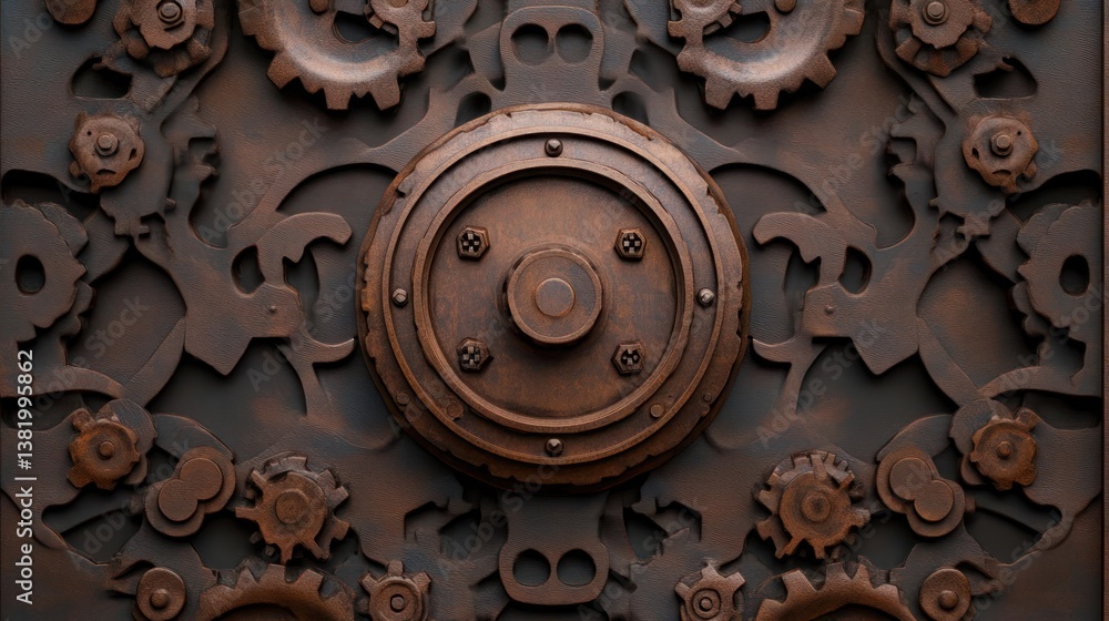 Poster detailed rusty metal gear mechanism with central circular element and cogwheels on dark background