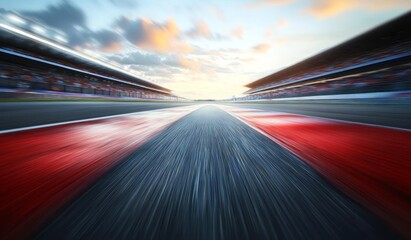Dynamic Perspective of Racetrack with Blurred Finish Line and Sky during Sunset at a Professional Racing Circuit