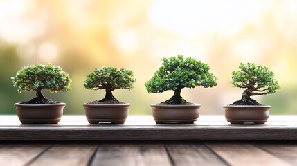 Four bonsai trees in brown pots on wooden surface, growing in size.