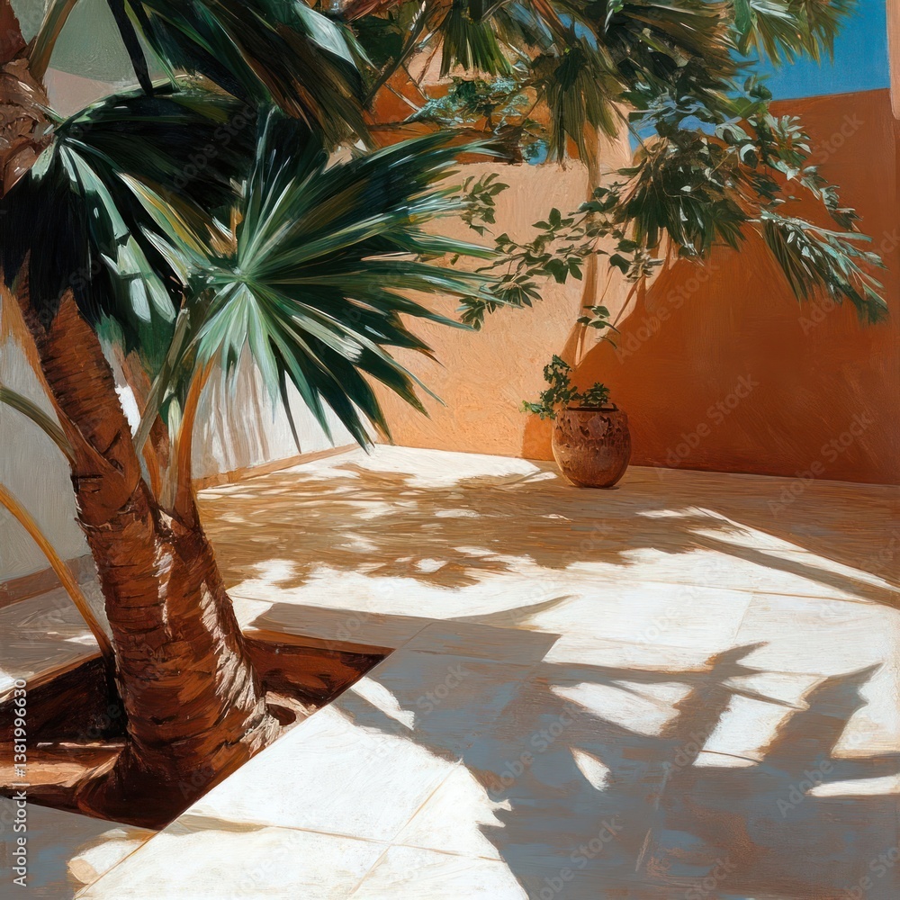 Poster sunlit courtyard with palm tree terracotta walls and potted plants in a mediterranean setting