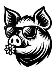 Obraz premium Pig Cool Based Head Happy Sunglasses Flower Smile Animal Logo Sign Graphic Silhouette Shape Clipart Digital Art Illustration