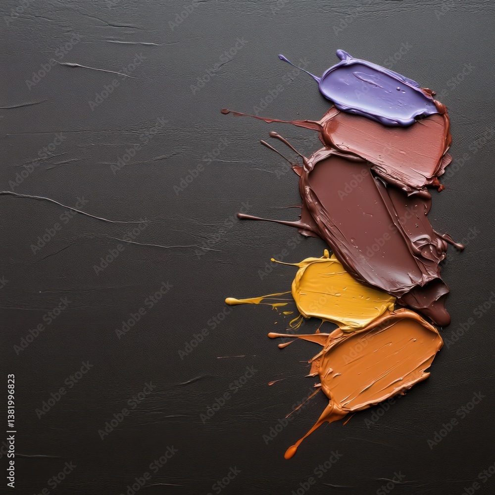 Poster vertical arrangement of colorful paint strokes on dark textured background top down perspective