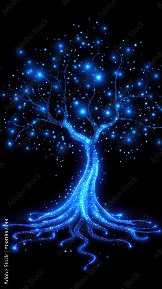 Aufkleber a tree with blue lights shining on it. the tree is lit up and has a glowing effect