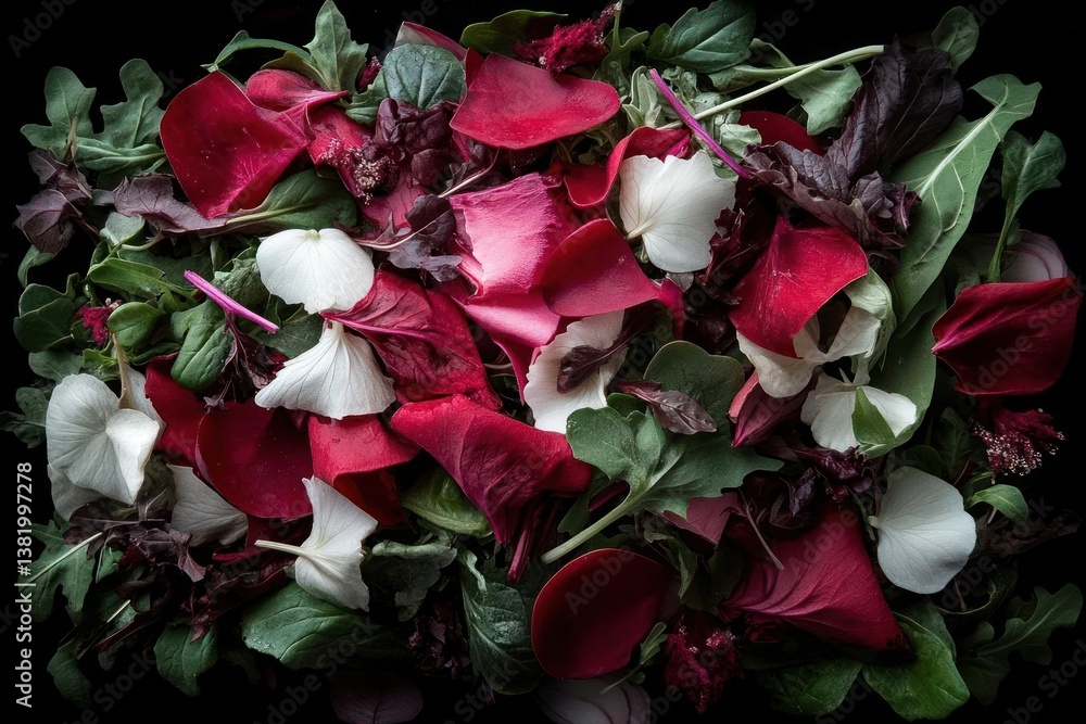 Poster overhead view of colorful salad with red and green leaves on dark background fresh ingredients textu