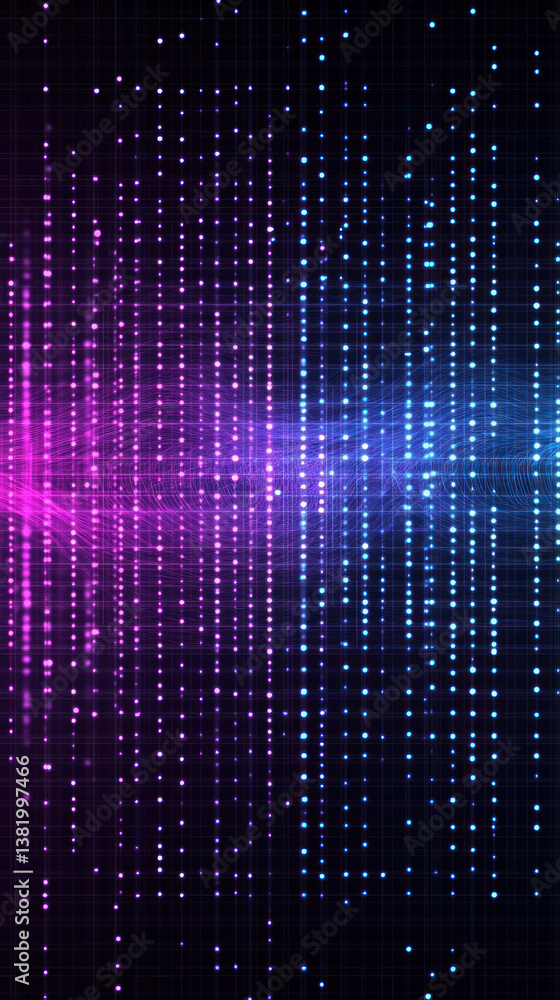 Poster a colorful image of purple and blue dots. the image is abstract and has a futuristic feel to it