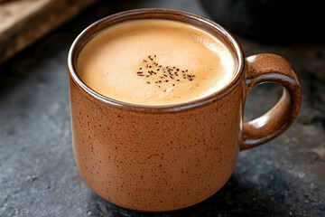 Obraz premium Aromatic australian wattleseed latte presented in a rustic ceramic mug