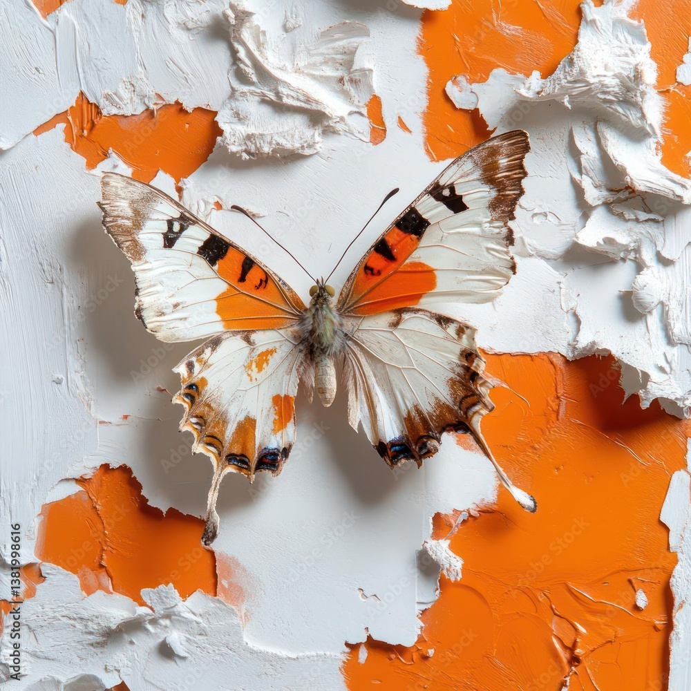 Poster butterfly with orange and white wings on abstract textured background showing torn paint layers