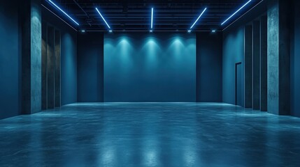 stock photo features an empty dark blue studio with a grey concrete floor