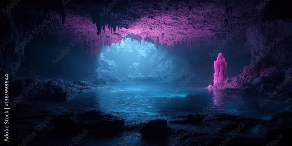 Aufkleber Abstract Cave Interior Illuminated With Cyan And Magenta Hues Reflecting On Water Creating An Atmospheric and Otherworldly Scene