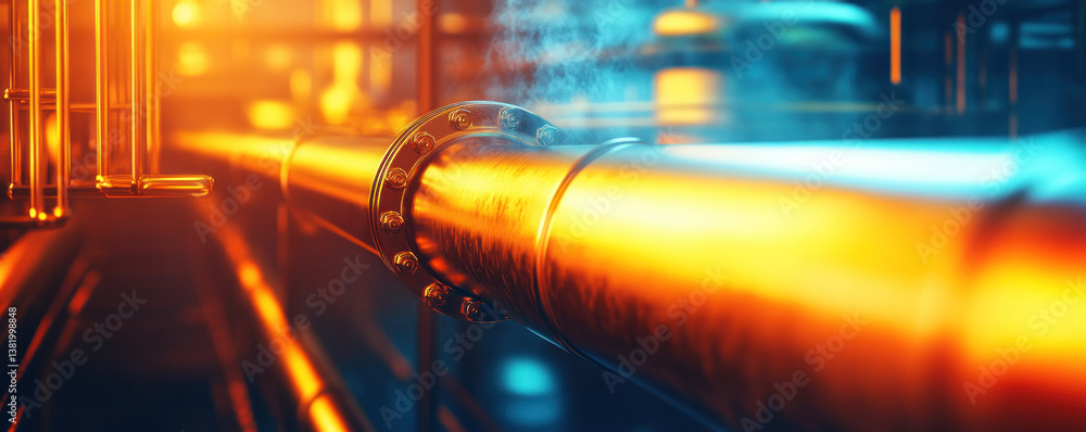 Poster a pipe with a valve on it is shown in a bright orange and blue color scheme. concept of industrial a