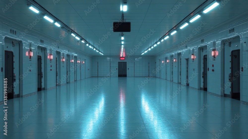 Poster Symmetrical Hallway Perspective View with Multiple Elevator Doors Illuminated in Red and Reflected Lighting