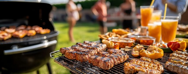 A backyard party with a barbecue grill guests mingling and a table full of delicious food and drinks with copy space . Summer