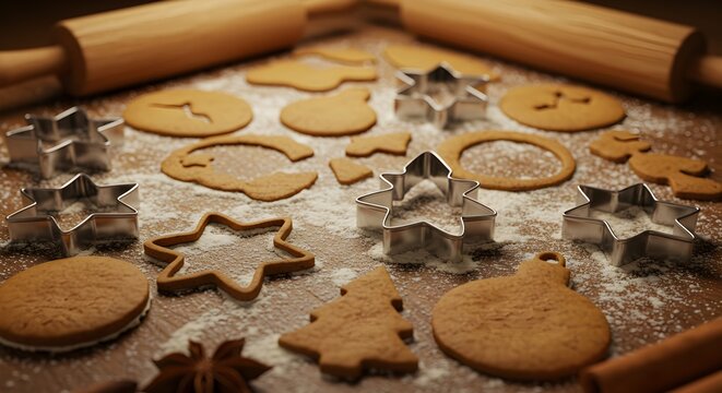 Gingerbread cookies and star shaped cookie cutters on a floured wooden surface with rolling pins and cinnamon sticks. - Powered by Adobe