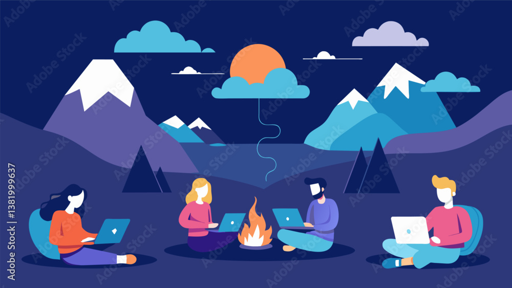 Poster a group of digital nomads sit around a campfire in the mountains their laptops connected to data clo