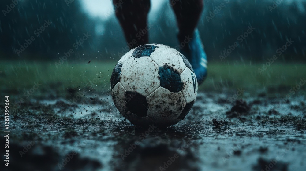 Poster soccer ball on muddy field under rain with player in blue shoes in dark tones and wet conditions