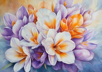 Obraz premium Vibrant bouquet of white and purple crocus flowers with orange centers