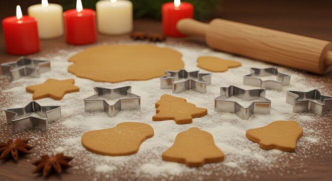 Festive Christmas baking scene featuring gingerbread cookies cookie cutters rolling pin candles and flour on a wooden surface.
