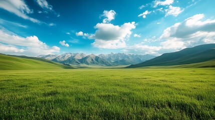 Fototapeta premium Serene Green Meadow Landscape Majestic Mountain Range Stunning Blue Sky Picturesque Nature Scene Breathtaking View Tranquil Pastoral Idyllic Scenery Beautiful Summer Day Outdoor Environment Rural 