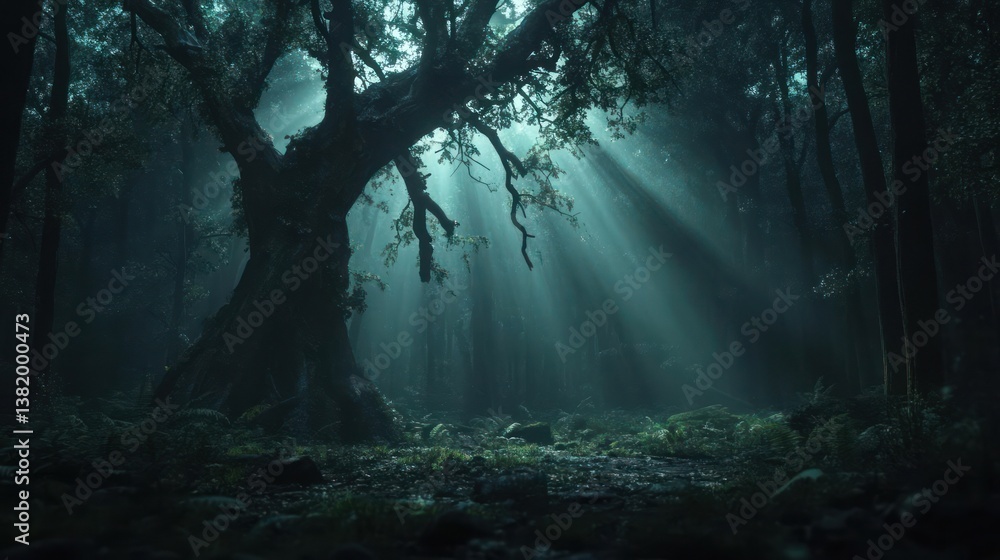 Aufkleber enchanting forest scene featuring an ancient tree bathed in dramatic light with a dark mysterious ba