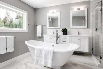 A luxurious bathroom with a freestanding tub walk in shower and double vanity. Opulent bath retreat.