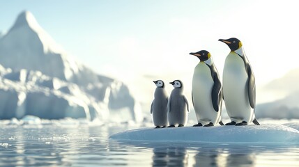 Fototapeta premium Penguin Family in Antarctica: A heartwarming portrayal of a penguin family in the Antarctic wilderness. The scene depicts penguins on an iceberg, set against the backdrop of a snowy mountain range.