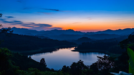 A Serene Sunset Over Reflective Waters in a Tranquil Landscape