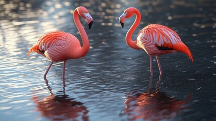 Flamingo Romance: Two elegant flamingos, vibrant in their plumage, stand gracefully in serene water, their necks forming a heart shape, embodying the beauty and tenderness of love and partnership.