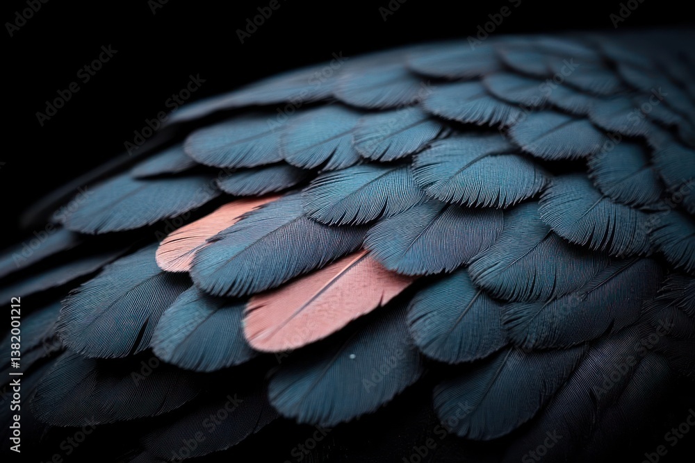 Poster Close Up View Of Bird Feathers With Teal And Coral Hues On Dark Backdrop Displaying Intricate Detail