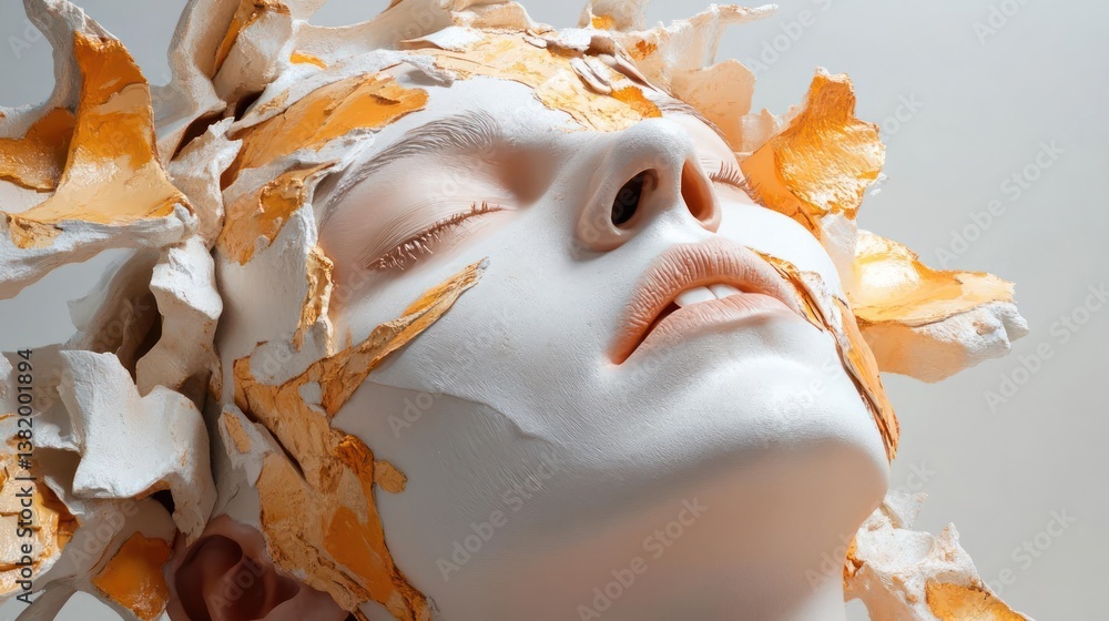 Poster serene face adorned with textured white and gold elements with closed eyes and soft lighting