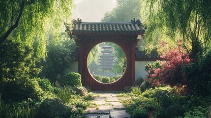 Obraz premium Mystical Garden Gate: The ornate gate opens to a world of serenity and beauty, with its unique circular design, welcoming the view with a glimpse of the pagoda beyond. Lush greenery, trees.