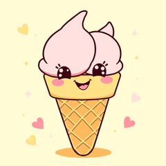 Kawaii Pink Ice Cream Cone with Heart Accents on Cream Background.