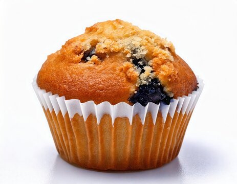 a close-up shot of a delicious blueberry muffin, freshly baked and ready to eat. The muffin has a golden-brown crust, and the blueberries are visible, with a flaky, crumbly top