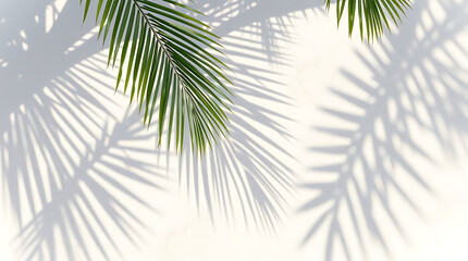 Palm tree leaf shadow on sand background, Natural shadow from tropical coconut palm leaves on beach sand. top view, copy space. Summer vacation concept. Mockup for product or travel background