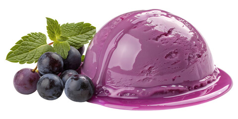 Sweet Indulgence: A scoop of creamy blueberry ice cream, a cluster of fresh grapes and mint leaves against a background of culinary delight.