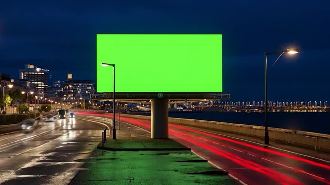 Large blank green screen billboard on a city street at night, perfect for advertising campaigns, urban marketing
