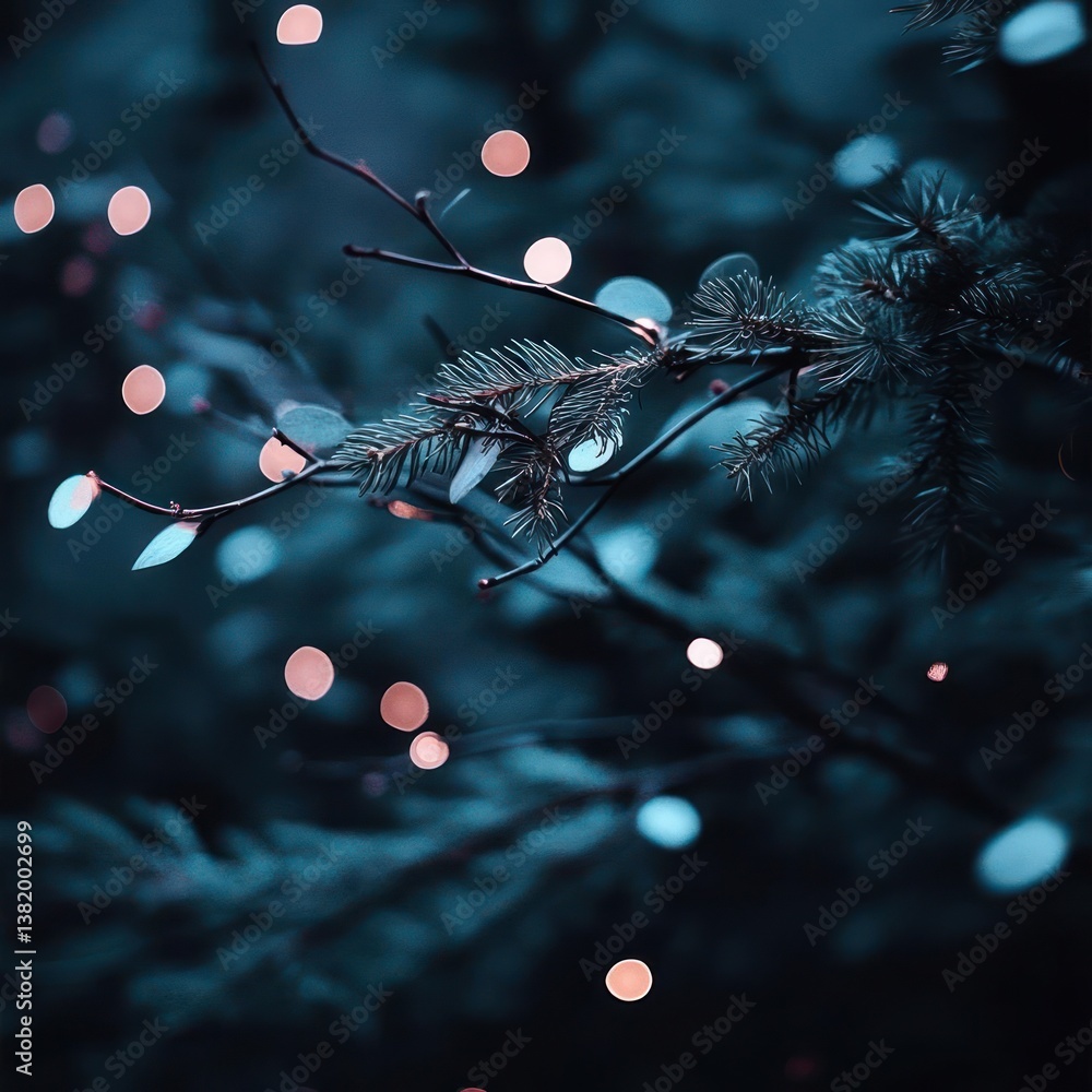 Leinwandbilder close up view of evergreen branches with bokeh lights in blue and orange tones creating dreamy atmos