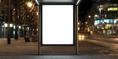 Bus shelter at busstop blank white lightbox empty billboard and ad placeholder glass and aluminum structure transit station urban setting focus cover all object. Empty ad space city