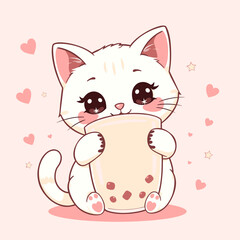 Kawaii Kitten Hugging a Boba Tea, Pink Hearts Background.