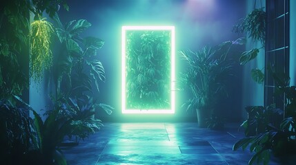 Glowing Neon Portal in Tropical Indoor Garden