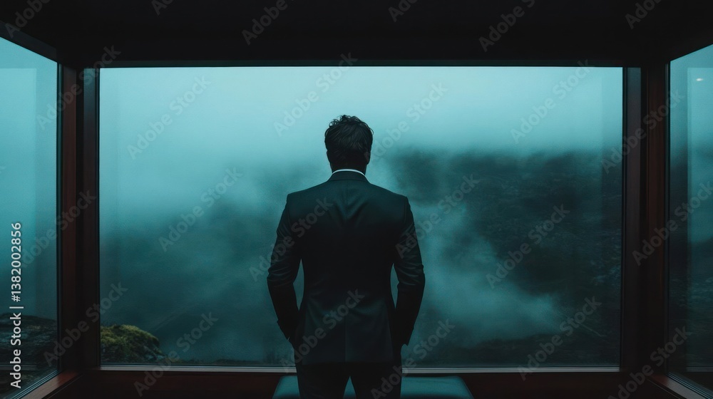 Poster Man In Black Suit Standing Before Large Window Viewing Foggy Landscape During Cloudy Weather