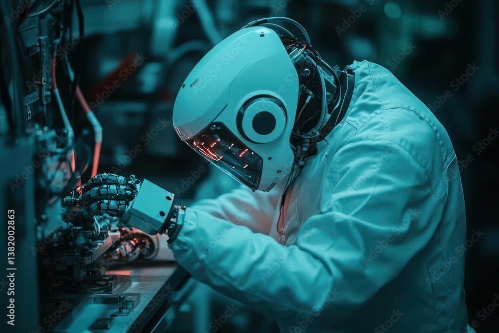 Poster robot engineer in a white coat repairs electronic components in a lab with blue lighting