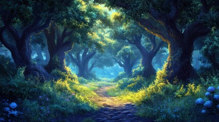 Sunlit path through mystical forest, game background